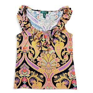 Lauren Ralph Lauren Sleeveless Top M PET Paisley Exaggerated Ruffle Y2K Dopamine